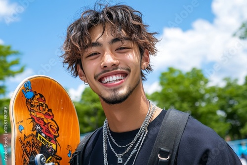 Person holding a skateboard, with a relaxed expression and casual outfit, capturing the easygoing and adventurous energy of street culture, symbolizing fun and freedom