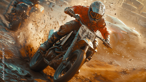 Motocross rider speeding through mud, creating dramatic action with dirt and debris flying around