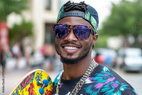 Person holding a skateboard, with a relaxed expression and casual outfit, capturing the easygoing and adventurous energy of street culture, symbolizing fun and freedom