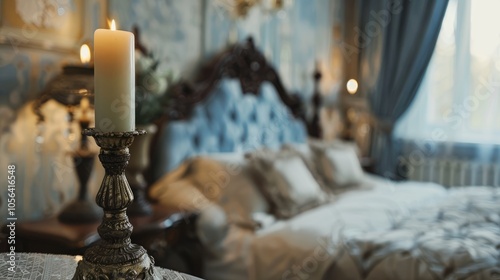 Close-up antique candlestick in bedroom interior.