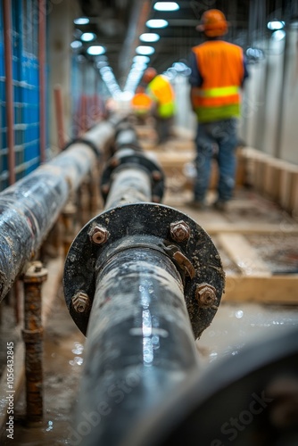 Crew installs new pipes as part of a project upgrade. They make sure the connections are tight to prevent leaks, Generative AI