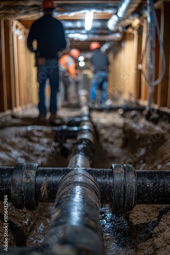 Crew installs new pipes as part of a project upgrade. They make sure the connections are tight to prevent leaks, Generative AI