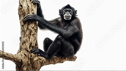 A animal cinemagraph funny gibbon ape sitting on tree trunk shaking and moving arms loop White Backgrund High quality HD 4K