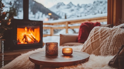 A luxurious winter chalet with panoramic views of snowcapped peaks and a roaring fire inside focus on, elegant winter relaxation, dynamic, fusion, mountain lodge backdrop