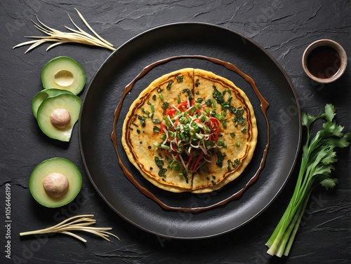 Overhead View of Haemul Pajeon with Clean Garnish on Slate Surface