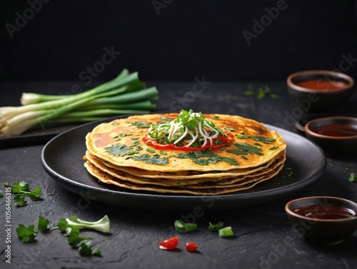 Overhead View of Haemul Pajeon with Clean Garnish on Slate Surface