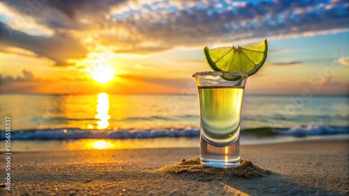 A salt-rimmed glass filled with a tangy, citrusy liquid containing tequila, lime juice and triple sec, garnished with a slice of lime on a beach at sunset, salt rim, tropical drink