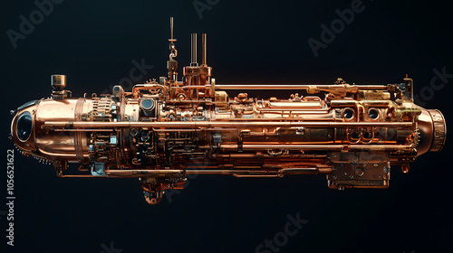 Steampunk submarine with copper pipes and gears, fins, and periscopes, steampunk, submarine, retro, vintage. Steampunk Submarine. Illustration