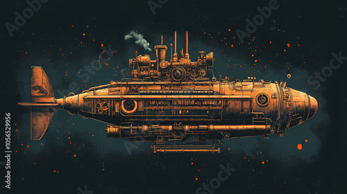 Steampunk submarine with copper pipes and gears, fins, and periscopes, steampunk, submarine, retro, vintage. Steampunk Submarine. Illustration