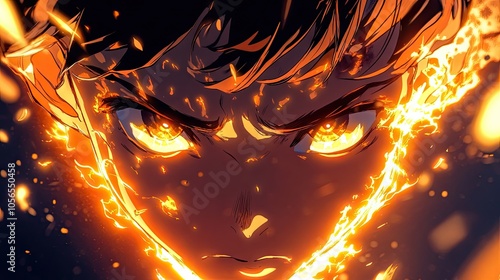 Powerful anime figure with bright, blazing eyes, with light effects radiating from their gaze, creating an intense look.