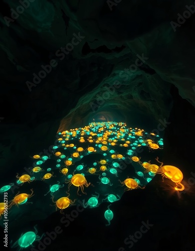 A cave filled with bioluminescent creatures that light up in syn