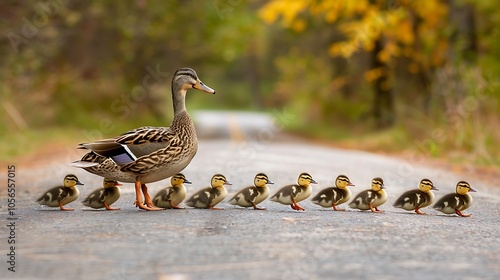 A mother duck and her ducklings crossing a road in a line