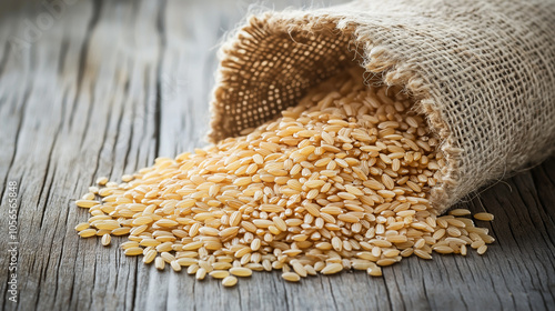 Raw brown rice is poured out of a jute bag onto a wooden table