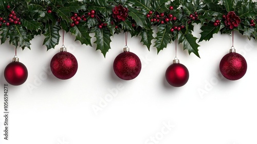 A photostock of red holiday ornaments hanging from a green garland.