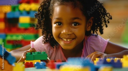 Little Girl Playing with Building Blocks - a delightful and playful visual. The scene captures the joy of childhood creativity and imagination.