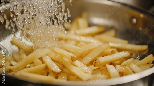 Preparing homemade French fries through potato slicing julienne cutting peeling soaking blanching and par frying in high definition