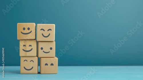 Mental health awareness concept featuring stacked wooden cubes with emotive icons against a blue backdrop highlighting customer feedback and positive reviews