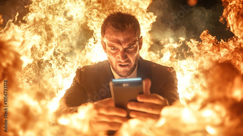 A businessman takes a selfie while engulfed in flames, capturing a surreal moment of chaos and anger amidst an intense firestorm