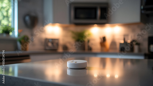 Modern kitchen setting with radon detector on countertop promoting National Radon Action Month awareness