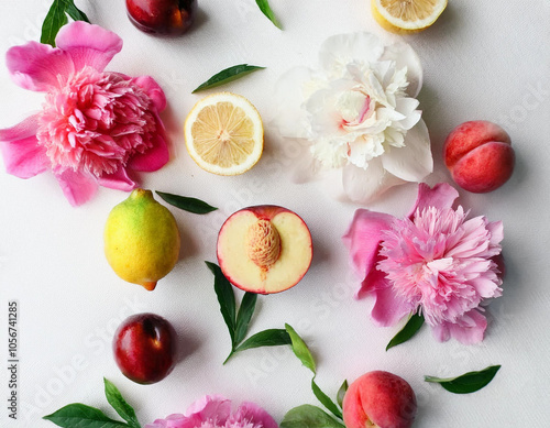 Vibrant Fruit and Flower Pattern Lemon, Melon, Plum, Peach, Grapefruit, and Peony Blooms