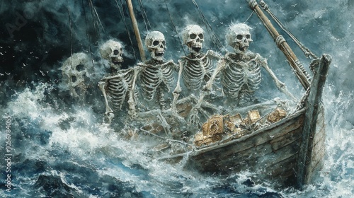 Skeletons of a Shipwrecked Crew with Treasure Amidst Stormy Seas