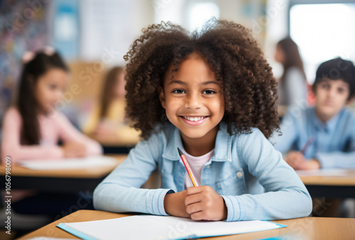 A smiling pupil sitting in the classroom