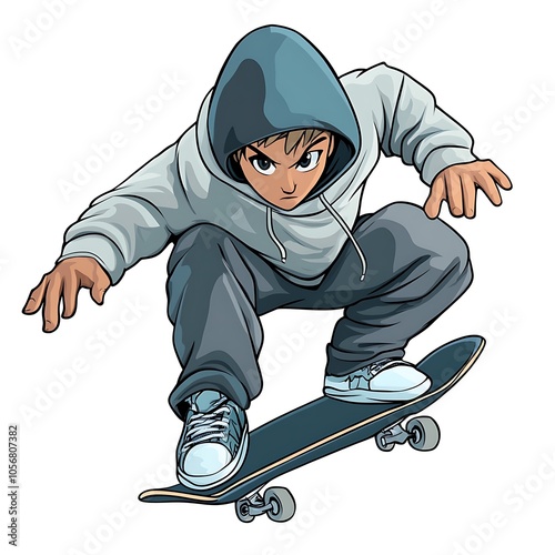 Cartoon skater in a hoodie doing an ollie on a white background.