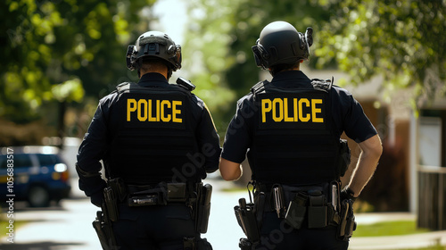 Two Police Officers in Uniform on Patrol, Law Enforcement and Safety Scene