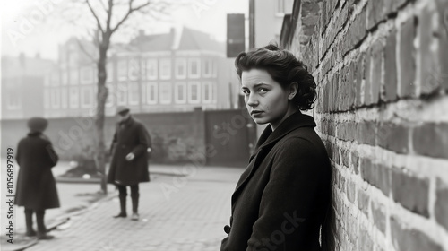 1940s style image, young woman against a wall in Amsterdam