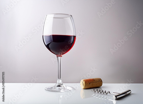 Una copa de vino tinto sobre una mesa blanca con un corcho y un sacacorchos al lado