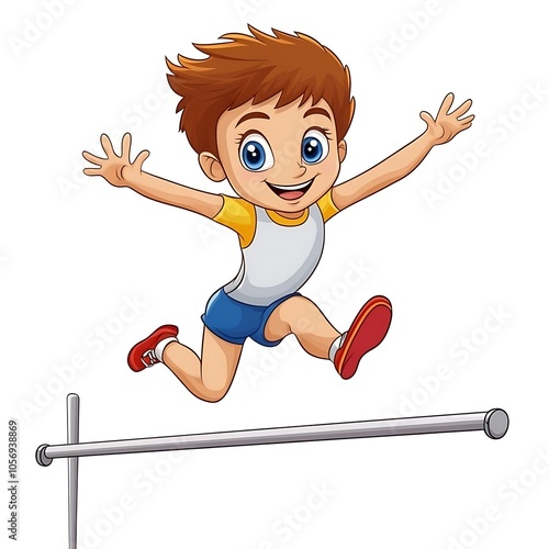 Cartoon pole vaulter jumping over the bar on a white background.