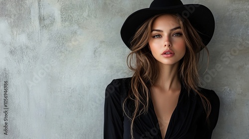 An enigmatic woman wearing a stylish black hat poses in front of a textured wall, exuding mystery and poise with her captivating gaze and elegant clothing.