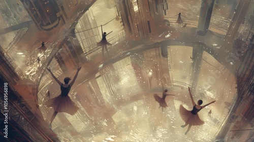 Illustrate a mesmerizing aerial view of mechanical ballerinas pirouetting in a vast