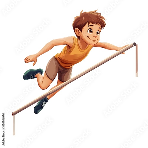 Cartoon pole vaulter jumping over the bar on a white background.