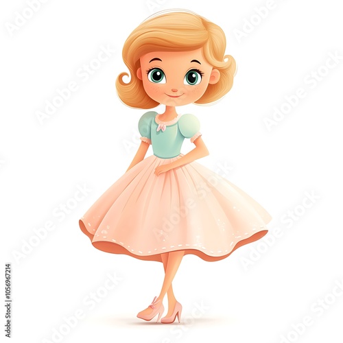 Cartoon girl with a gentle smile and long flowing hair in a sundress on a white background.