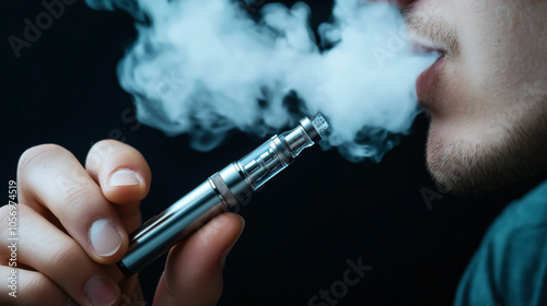 Close-up of a person exhaling smoke from an electronic cigarette against a dark background.