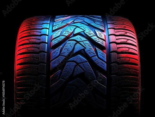 A stylized, illuminated car tire with a detailed tread pattern, showcasing vibrant colors against a dark background.