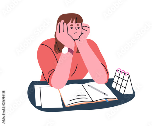 Bored woman sitting at desk. Tired sad office worker. Procrastination, burnout and boredom concept. Depressed upset exhausted lazy student. Flat vector illustration isolated on white background