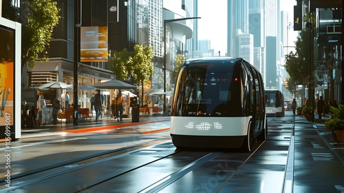 A futuristic autonomous train traversing a city street