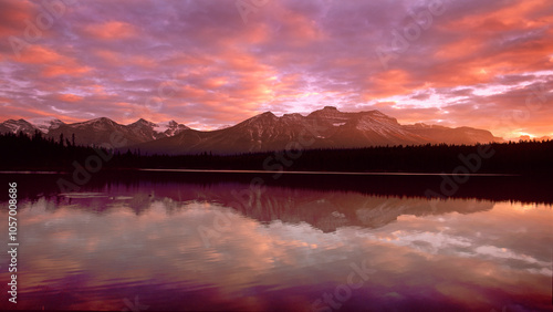 Sunset over Herbert Lake in Banff national Park , Alberta, Canada 