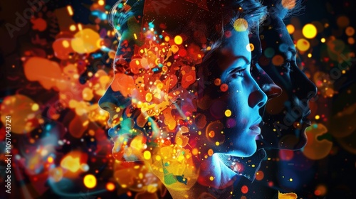 A Close-up Shot of a Vibrant abstract silhouettes of people with modern backgrounds