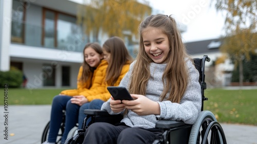 young girl in wheel chair in a school playground looking at her phone laughing with able-bodied friends sat close together 