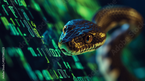 Na ekranie widoczne są kodujące liczby i znaki, które składają się na fragmenty kodu w języku Python. W tle widać stylizowanego węża symbolizującego elastyczność i moc tego języka programowania. 