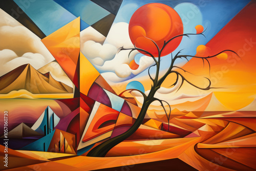 Abstract cubist landscape with sharp angles, bright skies, and distorted nature elements, in cubism style painting