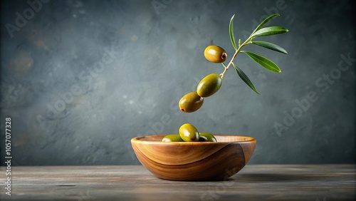 a single green olive falls off a small wooden bowl onto a soft gray background, bowl, green olive, still life, wood, vintage