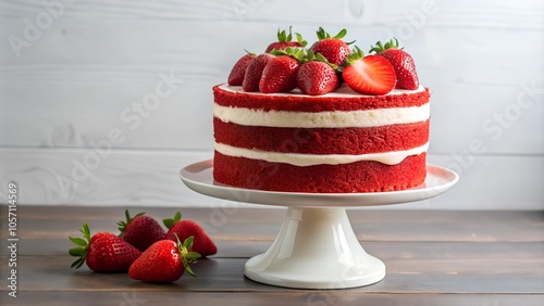 Fresh Strawberry Layer Cake with Cream on Cake Stand