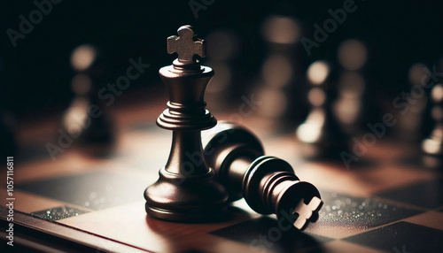 Close-up of a chessboard with a toppled king and intense lighting, symbolizing strategic depth and competition