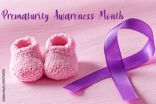 Prematurity awareness month - tiny pink baby booties and purple ribbon for support and care. World prematurity day, 17 november.