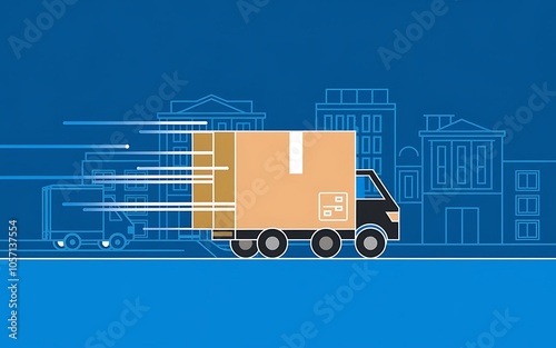 Fast Delivery Truck Illustration: A modern delivery truck speeding through a cityscape with a package in tow, signifying fast and reliable shipping.