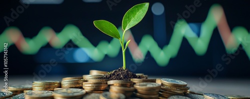 A small plant emerges from a pile of coins, symbolizing growth, prosperity, and the connection between nature and finance.